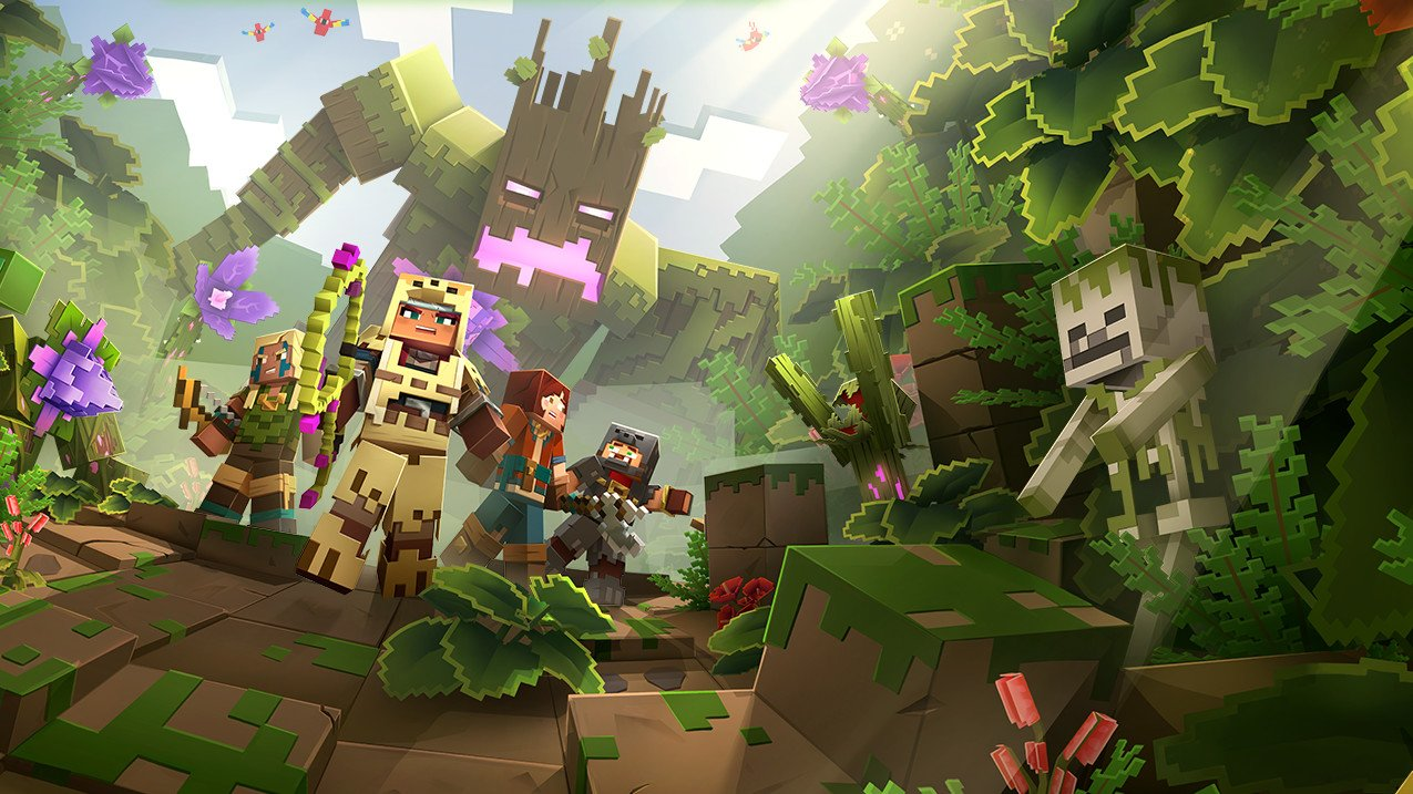 Minecraft Dungeons ormanında maceracılar ve dev orman yaratığı