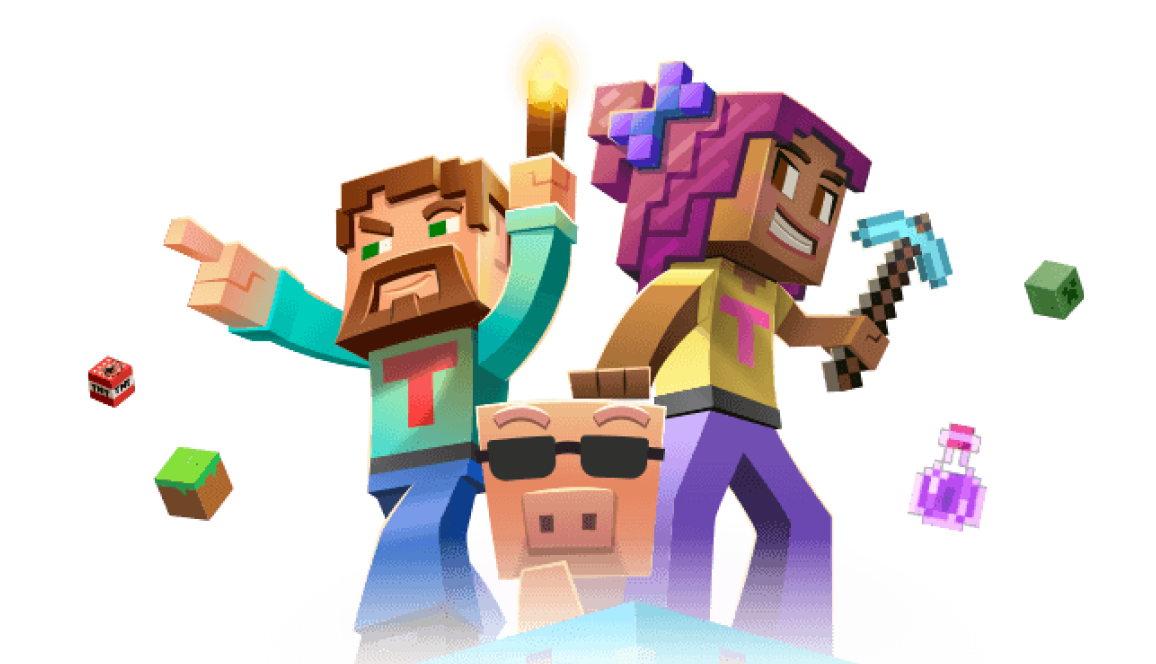 Minecraft karakterleri ve güneş gözlüklü domuz